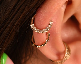 Natural Diamond Helix Earrings, 14K Solid Gold Diamond Cartilage Earring, Diamond Daith Earrings, Diamond Rook Earring, 14K Daith Piercing