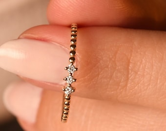 Diamond Promise Ring , 18K 3 Stone Beaded Diamond Ring , Minimalist Diamond Ring,  Minimal Real Diamond Ring , Dainty Gold Stacking Ring