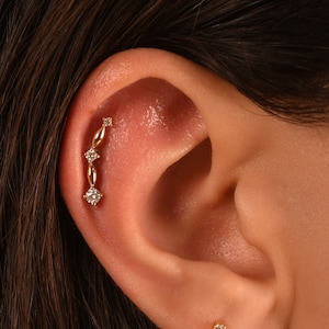 Natural Diamond Helix Piercing,14K Gold Trio Stud Piercing, Diamond Cartilage Earring, Tragus Flat Back Earring 16g, Conch Earring Stud,