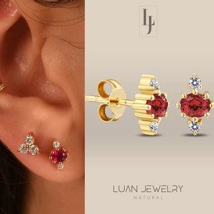 14K Solid Gold Ruby Stud Earrings, Ruby and Diamond Stud Earrings, Natural Gemstone Earring, 14K Stud Earrings, Anniversary Gift for My Wife