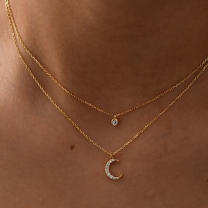 18K Diamond Moon Necklace, Diamond Crescent Moon Necklace, 14K Solid Gold Moon Pendant,  Real Diamond Celestial Pendant, Mother's Day Gift