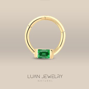 Emerald Cartilage Earrings,14K Real Gold Emerald Hoop Clicker, Natural Emerald Daith Earrings, Baguette Emerald Helix Piercing,ChristmasGift