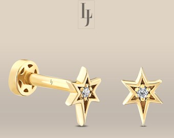 14K Gold North Star Tragus Earring, Real Diamond North Star Piercing, Flat Back  Star Cartllage Earrings, 16g Labret Stud, Gold Star Tragus