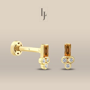 14K Gold Real Sapphire and Diamond Tragus Earrings, Flat Back Earrings Sapphire Tragus Piercing, Orange Sapphire Forwad Tragus Earrings 16g