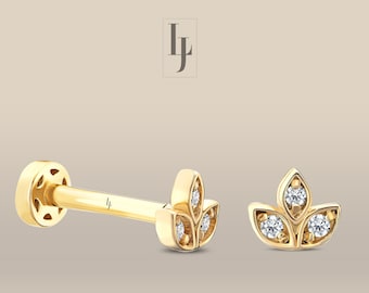 Aretes de loto con diamantes para cartílago, aretes de loto para trago en oro de 14 quilates, aretes de diamante con parte trasera plana, piercing de labio de 16 g, piercing de loto