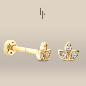 Brincos de cartilagem de lótus com diamante, brincos de lótus tragus em ouro 14K, brincos de piercing de diamante com parte traseira plana, piercing labret de 16g, piercing de lótus