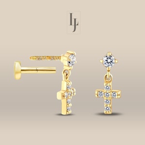 Dangle Cross diamanten oorbellen, forward tragus oorbellen platte achterkant, natuurlijke diamanten kruis piercings 16 g, 14 kt massief gouden tragus oorbellen kruis
