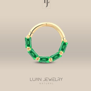 14K Gold Emerald Hoop Earring, Baguette Emerald Conch Earring, Natural Emerald Huggie Cartilage Earrings, Helix Earrings, Rook Earrings
