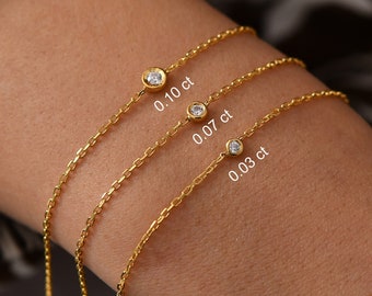Diamond Bracelet, Diamond Bracelet 14K Real Gold, Natural Diamond Bezel with Thin Chain, Diamond Bracelets for Women, Mom Gift, 14K Bracelet