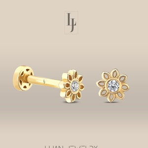 Aretes florales de diamantes reales, aretes Daisy Tragus de oro real de 14K, piercing de tragus con espalda plana de flores, aretes Daisy Helix de 16 g