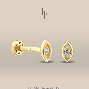 Evil Eye Diamond Tragus Earrings, 14K Solid Gold Eye Cartilage Earrings, Gold Hamsa Good Luck Piercing, Daily Protection Diamond Earring