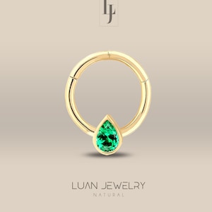 14K Solid Gold Emerald Cartilage Earrings, Real Emerald Helix Earrings, Emerald Hoop Earring, Daith Earring, Teardrop Emerald Rook Earrings