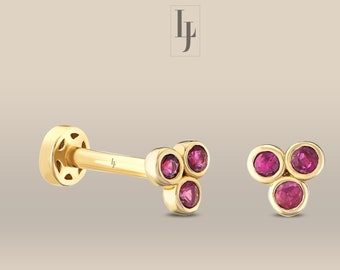 天然ルビー トラガス ピアス、ルビー 軟骨ピアス、14K ゴールド ルビー ラブレット、ルビー ヘリックス ピアス、16g 天然宝石軟骨ピアス