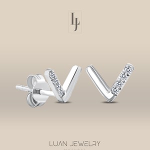 Real Diamond Chevron Earrings, 14K Solid Gold V Stud Earrings, Delicate Diamond Studs V Shaped, 18K White Gold Earrings