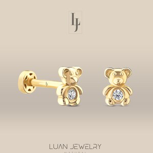 14K Real Diamond Bear Stud Earrings, Solid Gold Tedy Bear Tragus Piercing, Earrings for Girl, Flat Back Tragus Earrings, Christmas Gifts