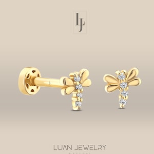 14K Solid Gold Dragonfly Tragus Earrings, Real Diamond Dainty Dragonfly Piercing, Animal Stud Earring, Flat Back Dragonfly Cartilage Earring