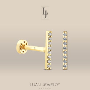 Real Diamond Cartilage Earrings, 14K Solid Gold Bar Tragus Earrings, Diamond Cluster Helix Piercing, Christmas Gift
