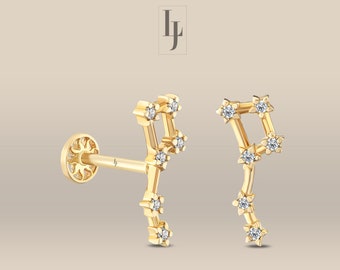 14K Solid Gold Zodiac Sign Piercing, Diamond Big Dipper Helix Earrings, Celestial Zodiac Cartilage Earring, Real Gold Constellation Piercing