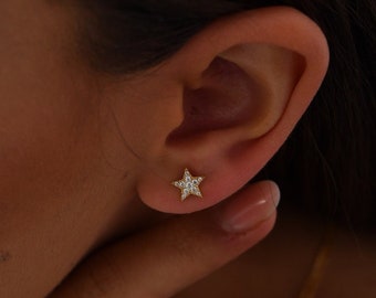 Natural Diamond Star Earrings, 14K Star Earring, Diamond Star Stud Earrings, Mini Star Gold Earrings, Tiny Star Stud, Mother's Day Gift