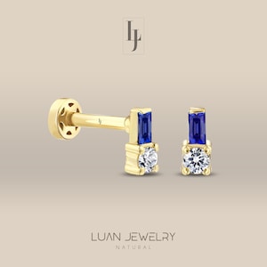 September Birthstone Sapphire Earring, Real Diamond Sapphire Tragus Labret Stud, 14K Gold Sapphire Tragus Earring, 16g Flat Back Earrings