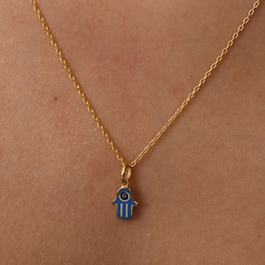 Gold Hamsa Necklace , 14K Real Gold Evil Eye Necklace, Hand of Fatima Necklace, Handmade Hamsa Charm Pendant, Simple Evil Eye Necklace