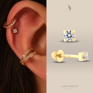 Aretes solitarios de diamante auténtico para cartílago, piercing de diamante para trago, aretes de hélice de oro de 14 quilates, aretes de diamante tipo botón, aretes solitarios para trago