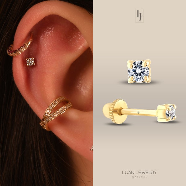 Real Diamond Solitaire Cartilage Earrings, Diamond Tragus Piercing, 14K Gold Helix Earrings, Diamond Stud Earrings, Solitaire Tragus Earring