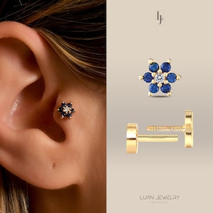 Natürliches Saphir Tragus Piercing, 14K Solid Gold Blumen Saphir Ohrringe, Flache Rückseite Saphir Tragus Ohrringe, Diamant Helix Ohrringe