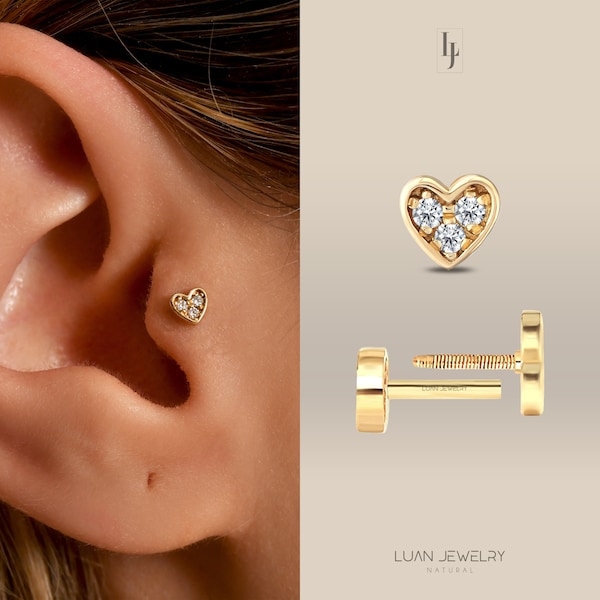 14K Solid Gold Heart Tragus Earrings, Diamond Heart Tragus Piercing, Flat Back Cartilage Earrings, Diamond Heart Piercing, Heart Labret 16g