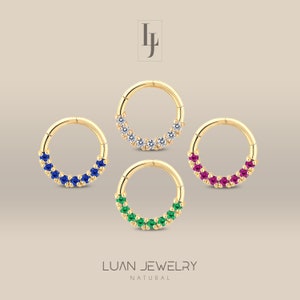 Natural Emerald Sapphire Ruby Huggie Earrings, Diamond Clicker Hoops,14K Solid Gold Rook Earrings , Forward Helix Earring Hoop, 18G Piercing