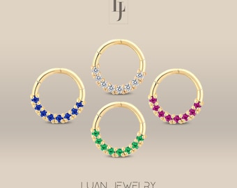 Natural Emerald Sapphire Ruby Huggie Earrings, Diamond Clicker Hoops,14K Solid Gold Rook Earrings , Forward Helix Earring Hoop, 18G Piercing