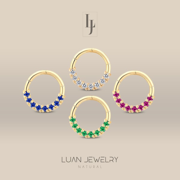 Natural Emerald Sapphire Ruby Huggie Earrings, Diamond Clicker Hoops,14K Solid Gold Rook Earrings , Forward Helix Earring Hoop, 18G Piercing