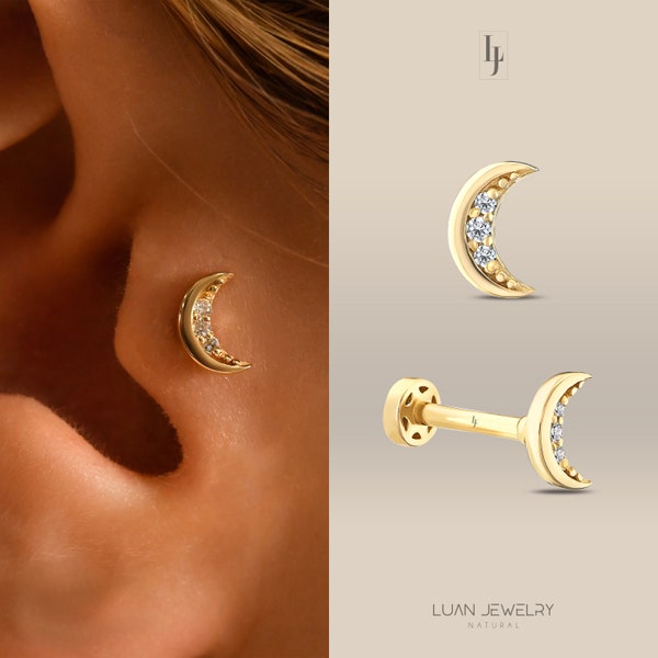 Flat Back Earrings Moon Tragus Earring, 14K Real Gold Moon Labret, Diamond Moon Tragus Piercing, 16g Labret Flat Back Piercing, Moon Earring