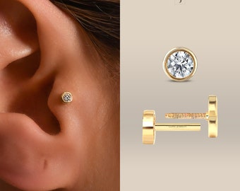 Echte Diamant-Solitär-Tragus-Ohrringe, Tragus-Ohrstecker aus 14-karätigem Gold, Diamant-Ohrringe mit flacher Rückseite, 16 g Labret-Solitär-Ohrringe mit Schraubverschluss