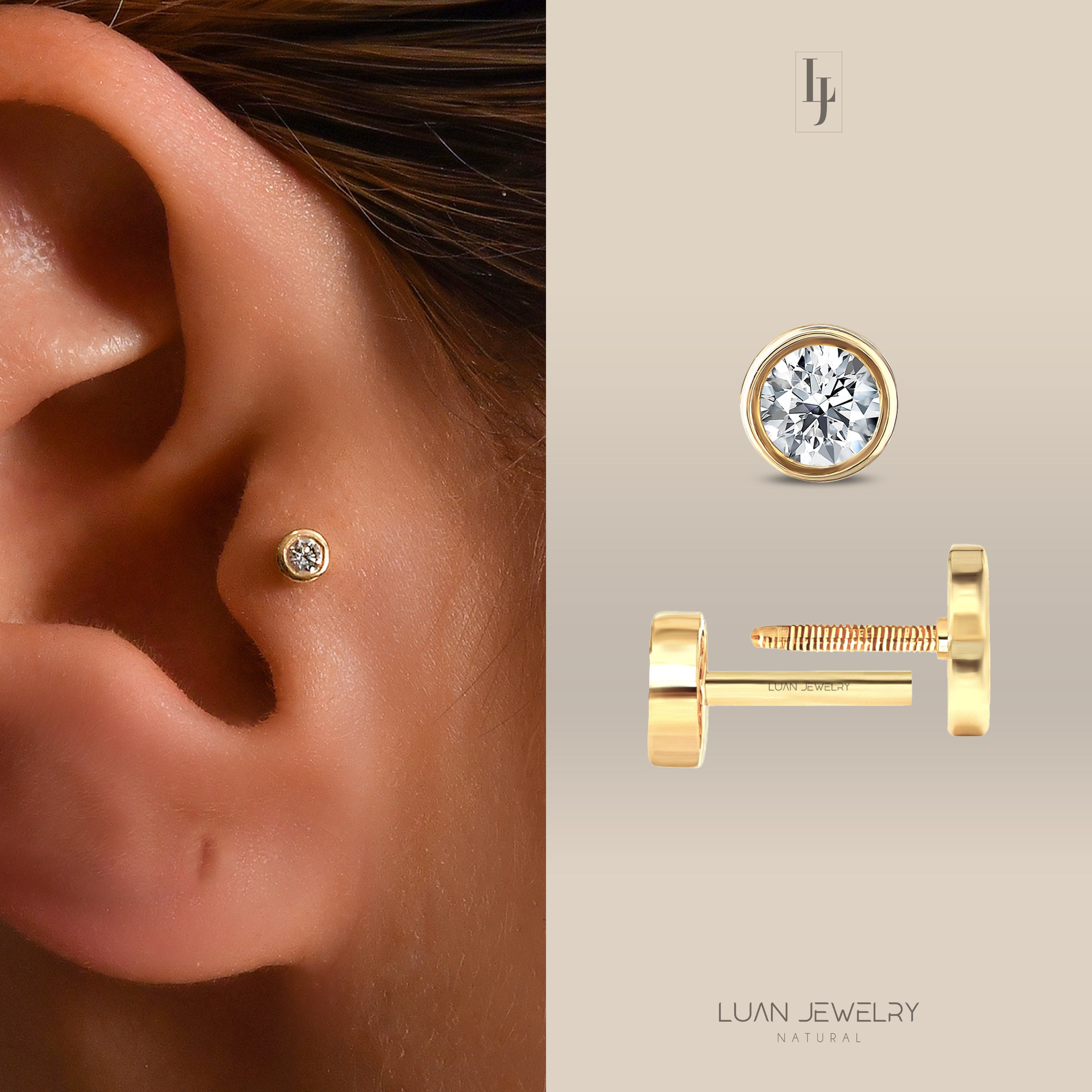 Diamond Dangle Helix, Tragus Earring  Gold Flat Back Piercing – Two of Most