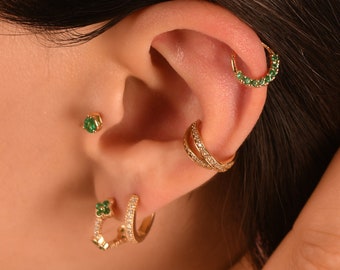 14K Gold Emerald Daith Earring, Natural Emerald Huggies, Emerald Conch Hoop Earrings, Emerald Helix Piercing, Emerald Daith Piercing