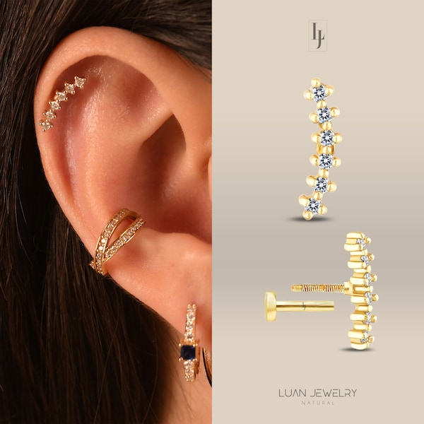 Diamond Conch Earrings 16g , 14K Solid Gold Diamond Cluster Helix Piercing, Natural Diamond Piercing Earrings, Flat Back Cartilage Earrings