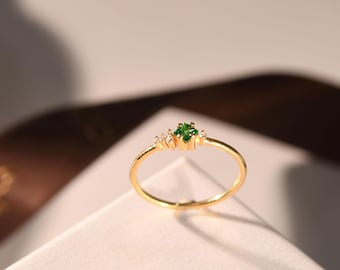 Anel de diamante real esmeralda de ouro maciço 14K, anel de noivado esmeralda com corte prencess, anel de pedra de nascimento esmeralda dourada, anel solitário verde art déco