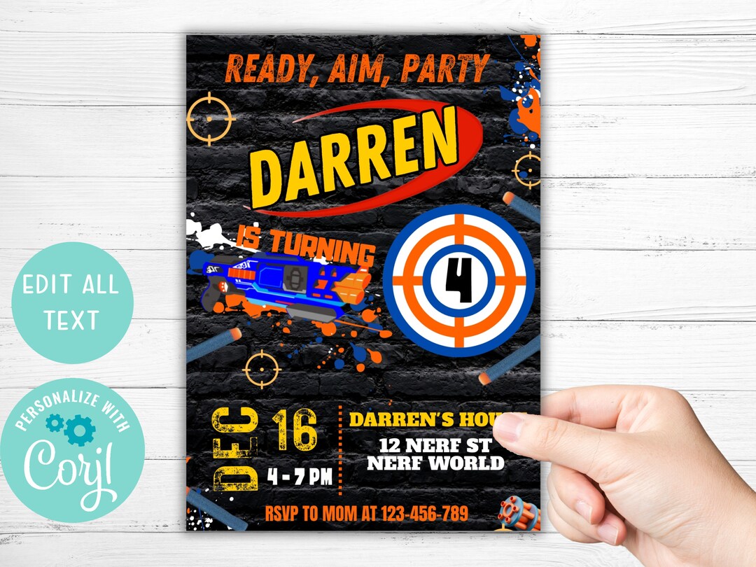 Nerf Birthday Invitation Nerf Invitation Birthday Invite for Boys Nerf