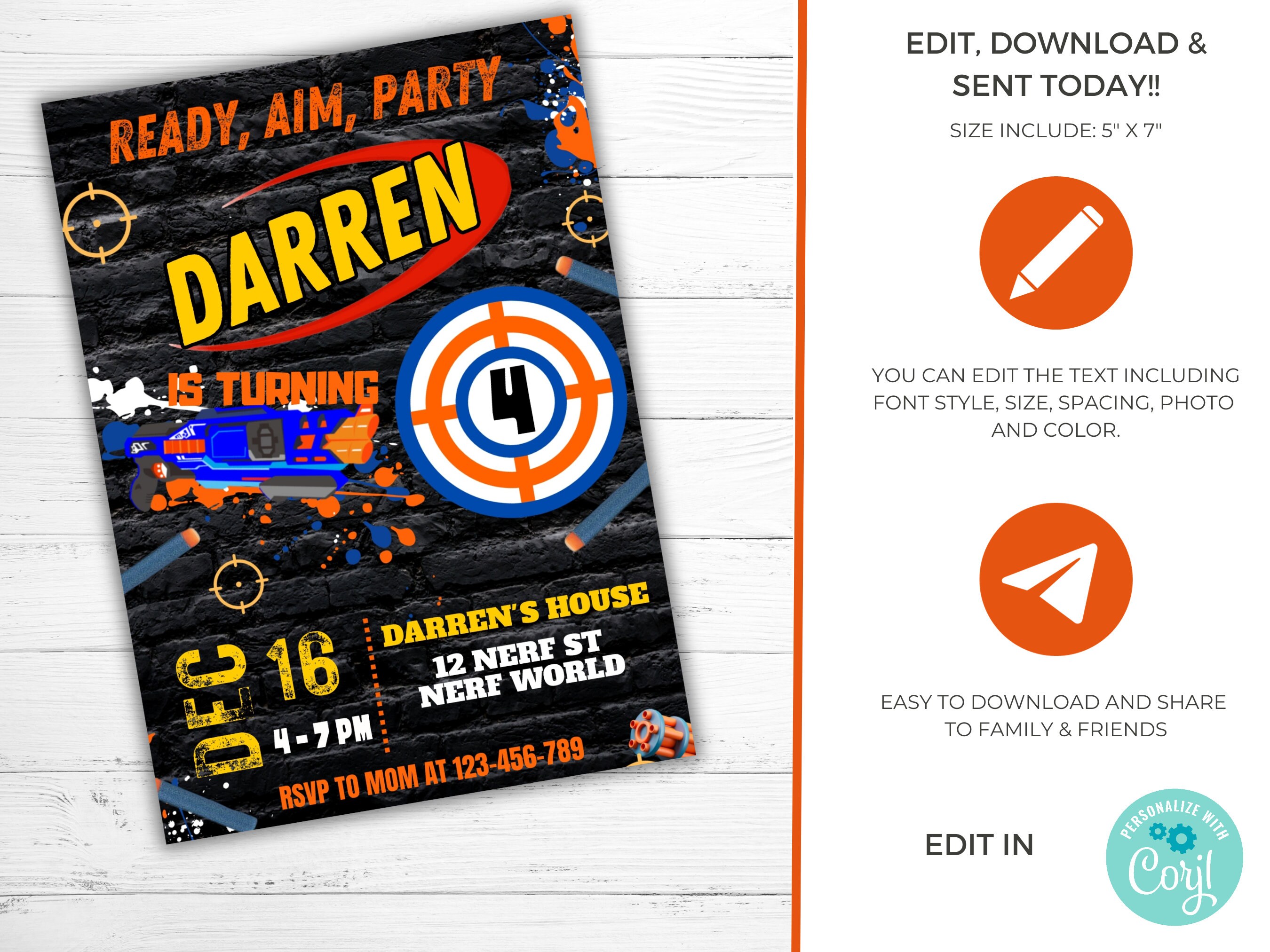 Nerf Birthday Invitation Nerf Invitation Birthday Invite for Boys Nerf
