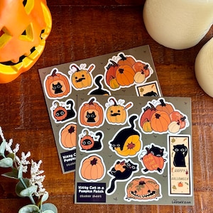 May include: A sheet of stickers featuring black cats inside pumpkins, with the text "Kitty Cat in a Pumpkin Patch sticker sheet" and "Happy Halloween".