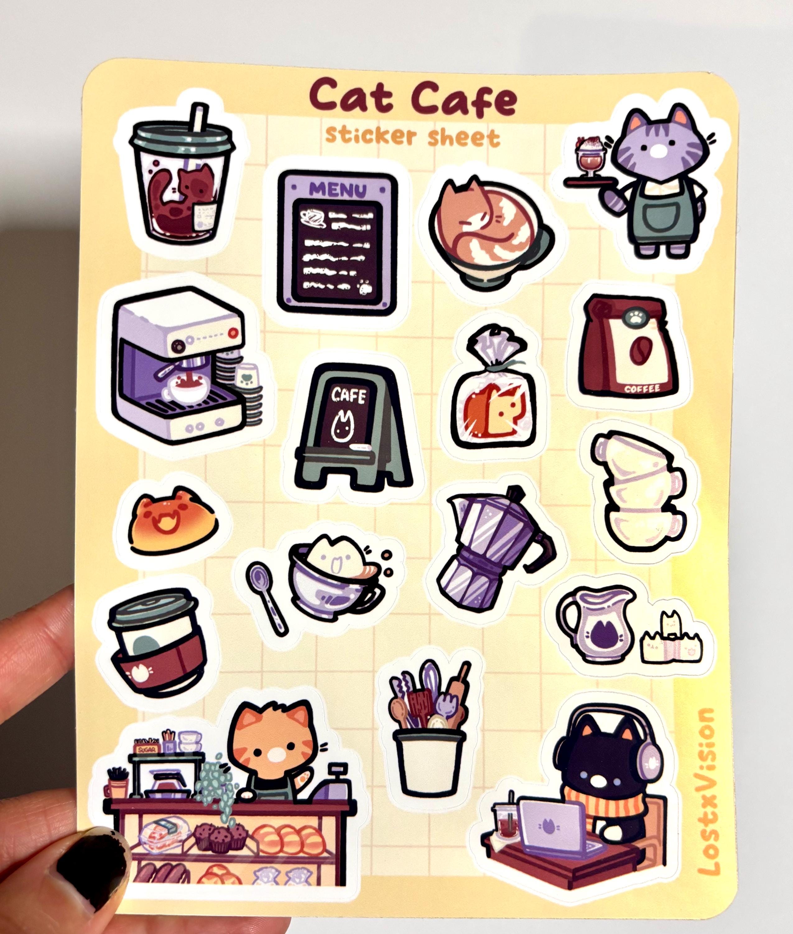 Cat Cafe Sticker Sheet | Water Bottle Laptop Sticker | Journaling ...