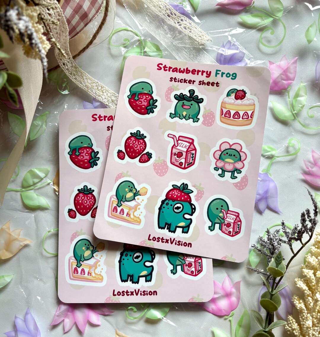 Strawberry Frog Sticker Sheet | Water Bottle Laptop Sticker ...