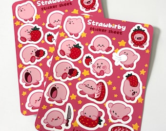 May include: Two pink sticker sheets with a pink background and yellow stars. The sticker sheets feature a pink character with different expressions and poses, holding strawberries. The text "Strawbirby sticker sheet" is printed on each sheet. The bottom sheet has the text "LostxVision" printed on it.