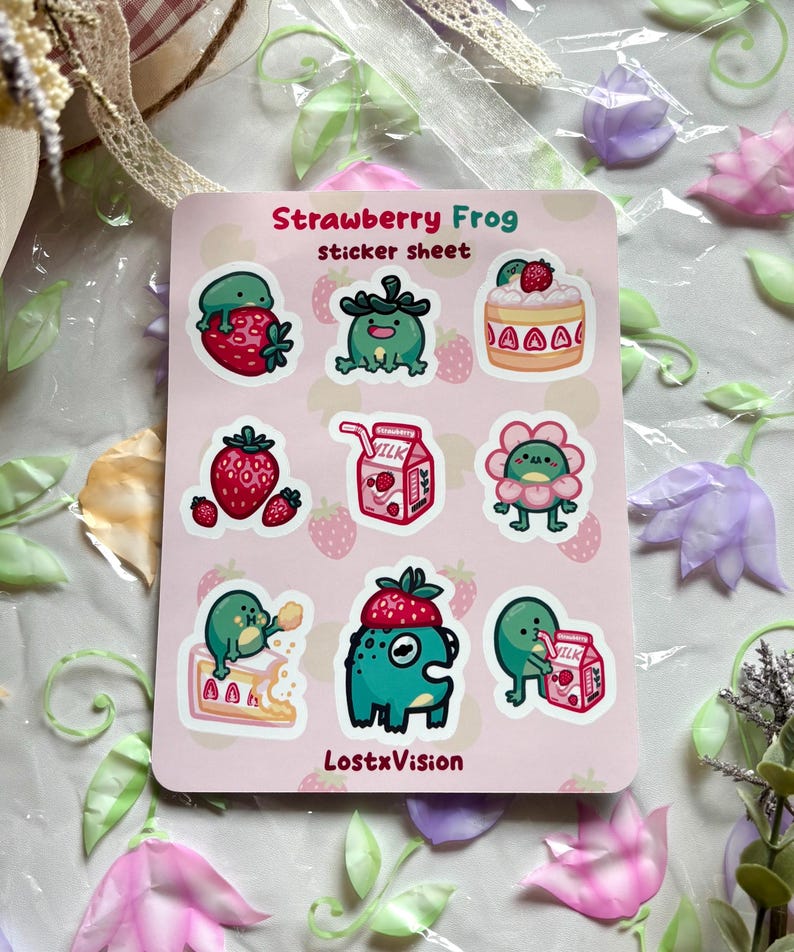 Strawberry Frog Sticker Sheet | Water Bottle Laptop Sticker ...