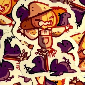 May include: A collection of stickers featuring a cartoon scarecrow with a pumpkin head, wearing a hat and overalls. The scarecrow is surrounded by purple crow illustrations. The stickers have a white border.