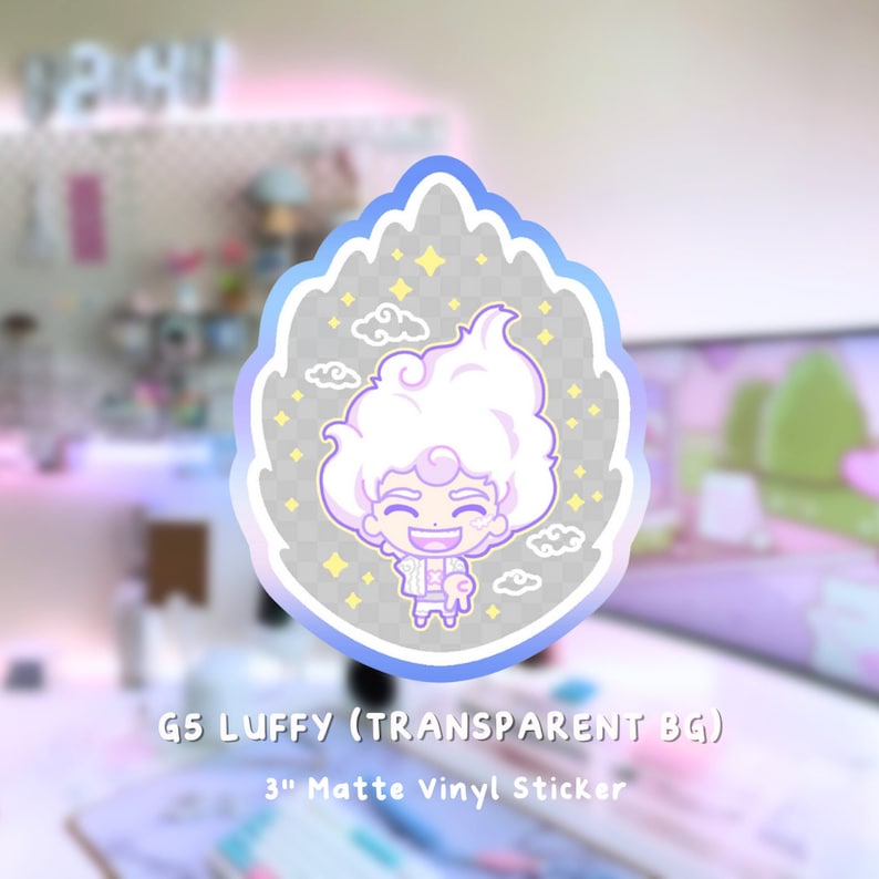 May include: A 3-inch matte vinyl sticker featuring a cartoon character with white hair, a pink shirt, and a pink cloud around them. The character is smiling and holding a small pink cloud. The background is transparent.