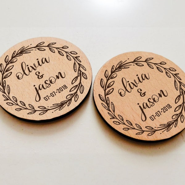 Personalized Wooden Thank You Magnets - Wedding Favors for Guests - Floral Engraved Magnets - Customized Wedding Keepsake Bridal Shower Gift