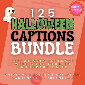Op de afbeelding: Een oranje afbeelding met de tekst "125 Halloween Captions Bundle". Een cartoongeest met een pompoen staat in de linkerbovenhoek. De tekst "Effectively interact with your fans to encourage sales" is ook opgenomen.