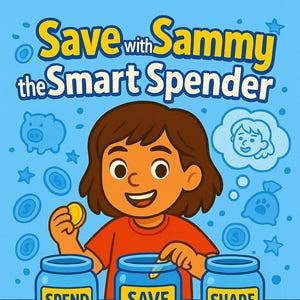 May include: A cartoon illustration promoting financial literacy. It features a smiling child with coins and three jars labeled "Spend," "Save," and "Share." The text "Save with Sammy the Smart Spender" is at the top, with additional text at the bottom.